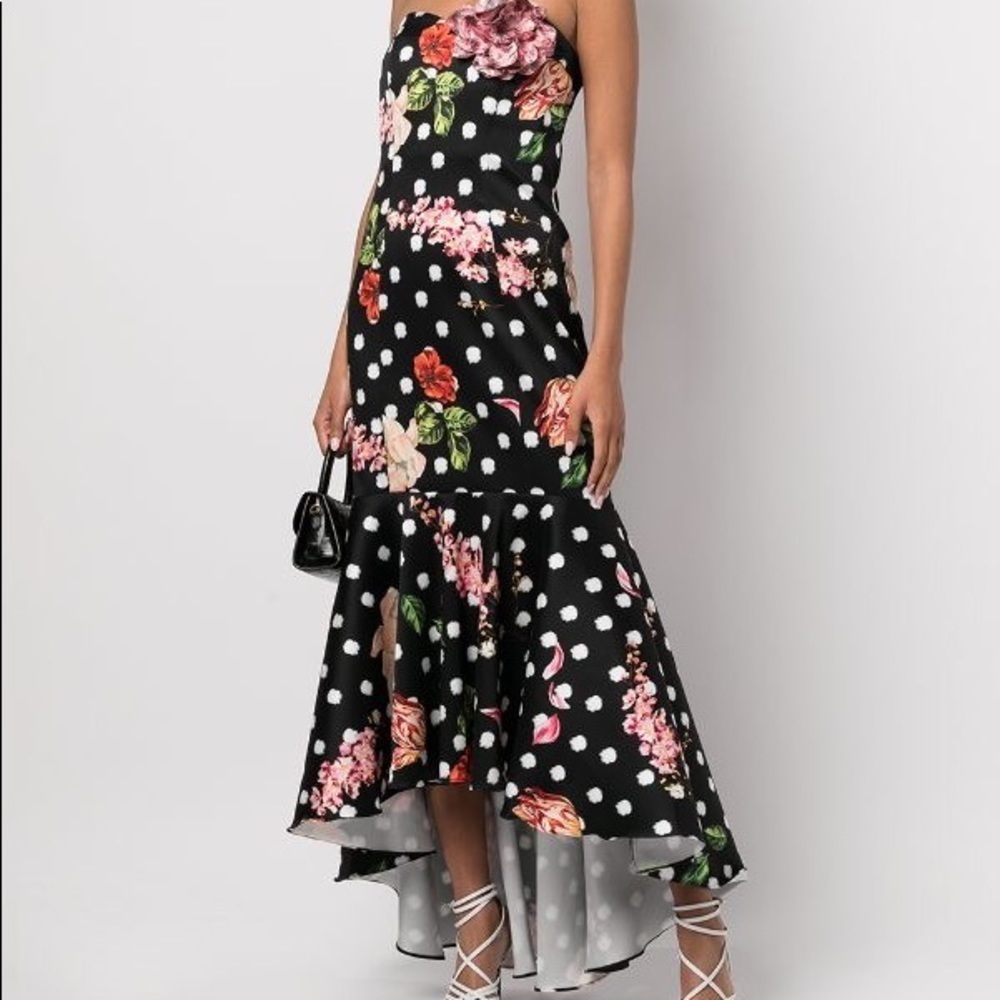 Marchesa Notte Dress Floral‎ Fishtail Strapless Midi Sz 2